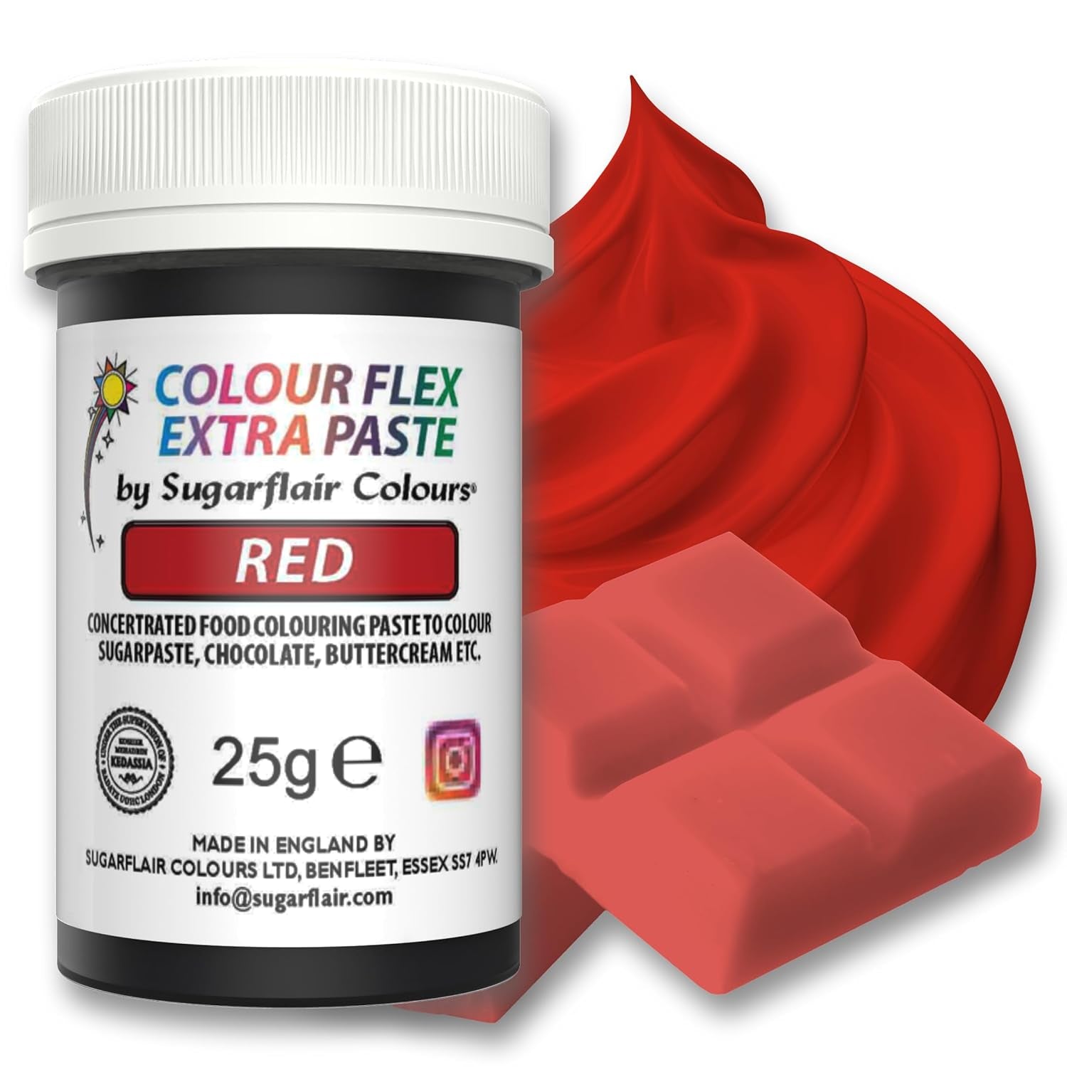 Sugarflair Colourflex Extra Paste Lebensmittelfarbe, rot – Essbare Lebensmittelfarbe für Buttercreme, Schokolade, Zuckerpaste, Zuckerguss, Fondant, Kuchenmischungen, Teig und mehr – 25 g