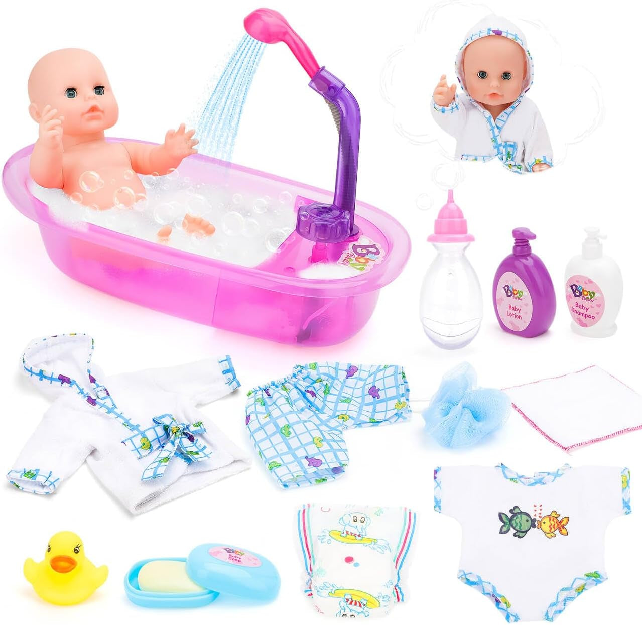deAO Puppenbadewannen-Set, 33 cm große interaktive Puppe, Puppenbadewanne, Puppenspielset mit Schnuller, Puppenkleidung, Bademantel, Puppenwindeln, Badewanne und funktionellem Duschspray