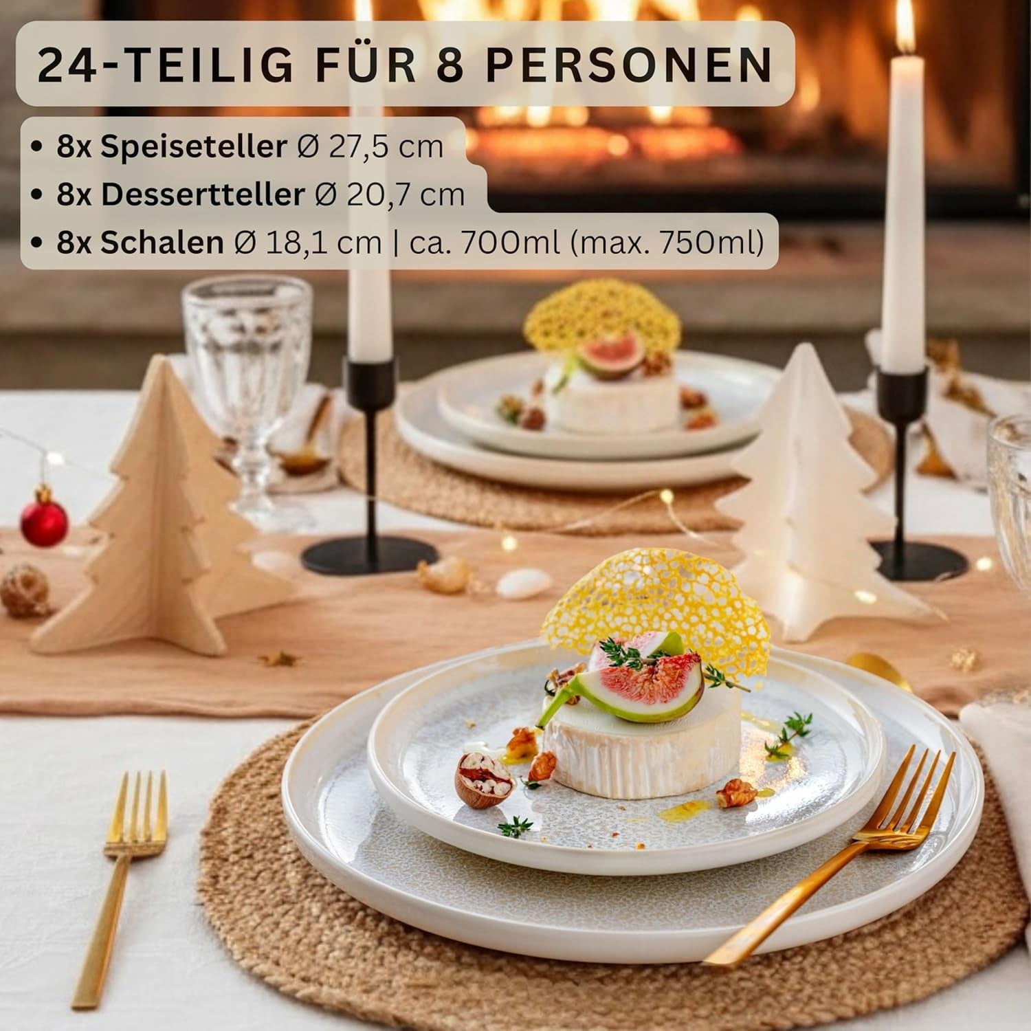 SANGER | 24-teiliges Korfu-Geschirrset Tafelservice für 8 Personen Handgefertigtes Keramik-Geschirrset inklusive Speisetellern, Desserttellern und Suma-Tellern. Cremefarbenes Geschirr mit sandiger Textur