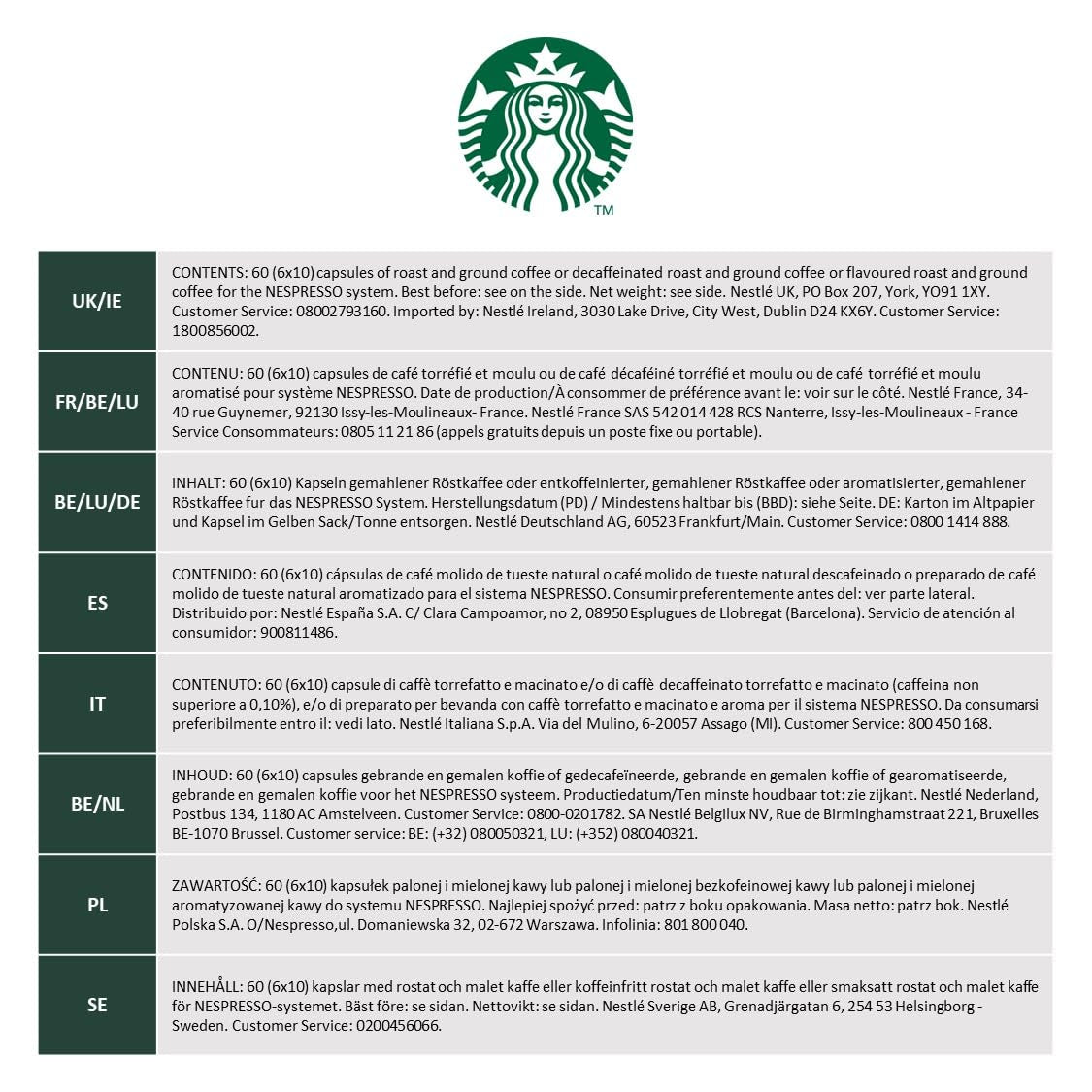 STARBUCKS Blonde Espresso Roast Entkoffeiniert von Nespresso, Helle Röstung, Kaffeekapseln 6 x 10 (60 Kapseln)