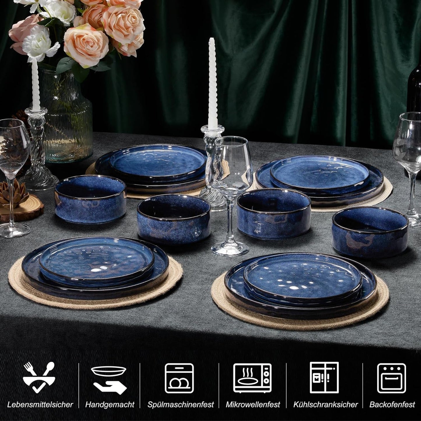 Homikit Geschirrset, 12-teiliges Geschirrset für 4 Personen, Kombiservice mit Tellern, Desserttellern und Müslischalen, mikrowellen- und spülmaschinenfest, elegantes Blau