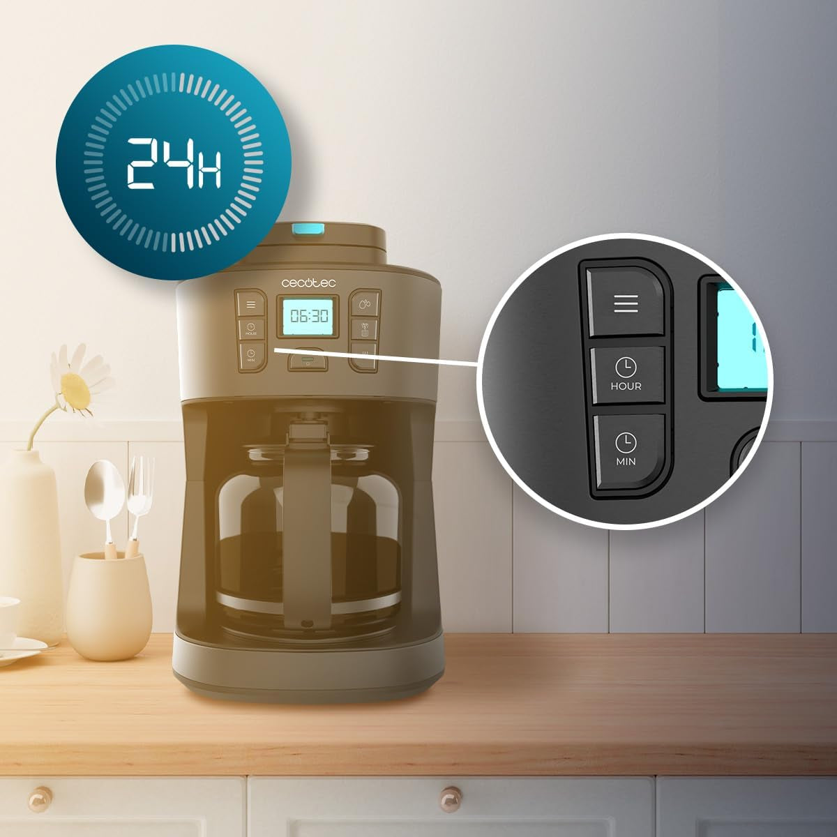 Cecotec Coffee 66 Grind & Drop Essential Filterkaffeemaschine. 1086 W, Messermühle, bis zu 12 Tassen, Extreme Aroma-Technologie, digital, Edelstahl, automatische Abschaltung.