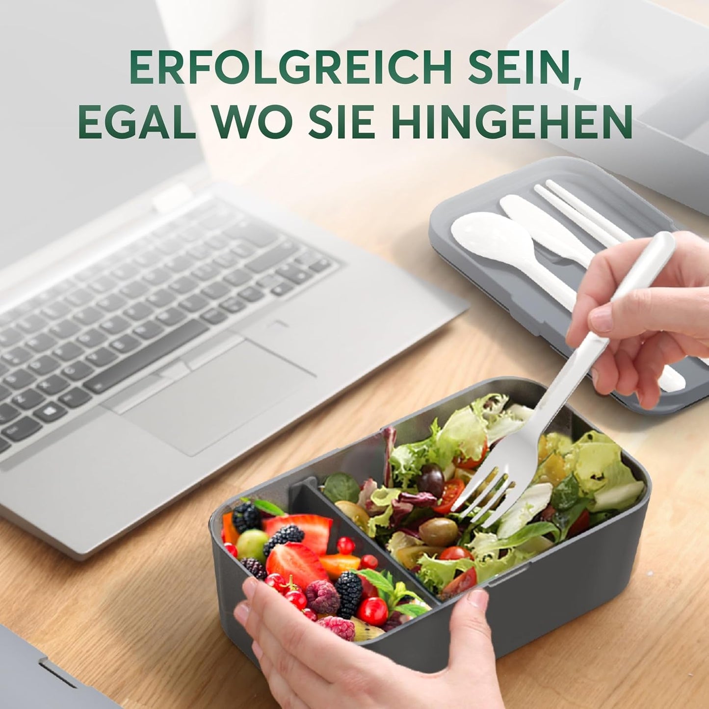 Umami-Lunchbox für Erwachsene, stapelbare Bento-Box mit 4 Besteck und Fächern, Lunchbox für Erwachsene, To-Go-Salatbehälter, Picknick-/Büro-Lunchbox, Anthrazit, 1500 ml Frischhalteboxen Naty Shop