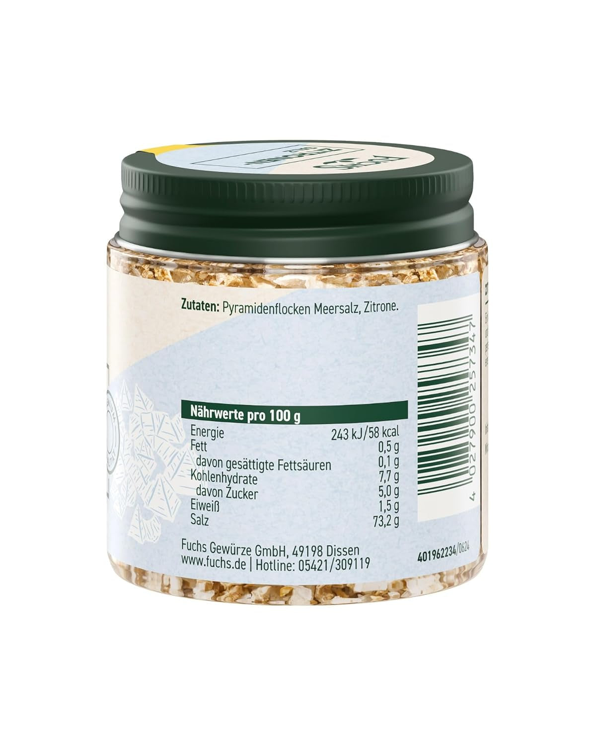 Fuchs Gewürze - Citronensalz | Toppingsalz mit Pyramidenflocken & Zitrone | Knusprige Verfeinerung für Fisch und Gemüse | Zitronensalz in Premium-Qualität | 60 g im wiederverschließbaren Gewürzglas
