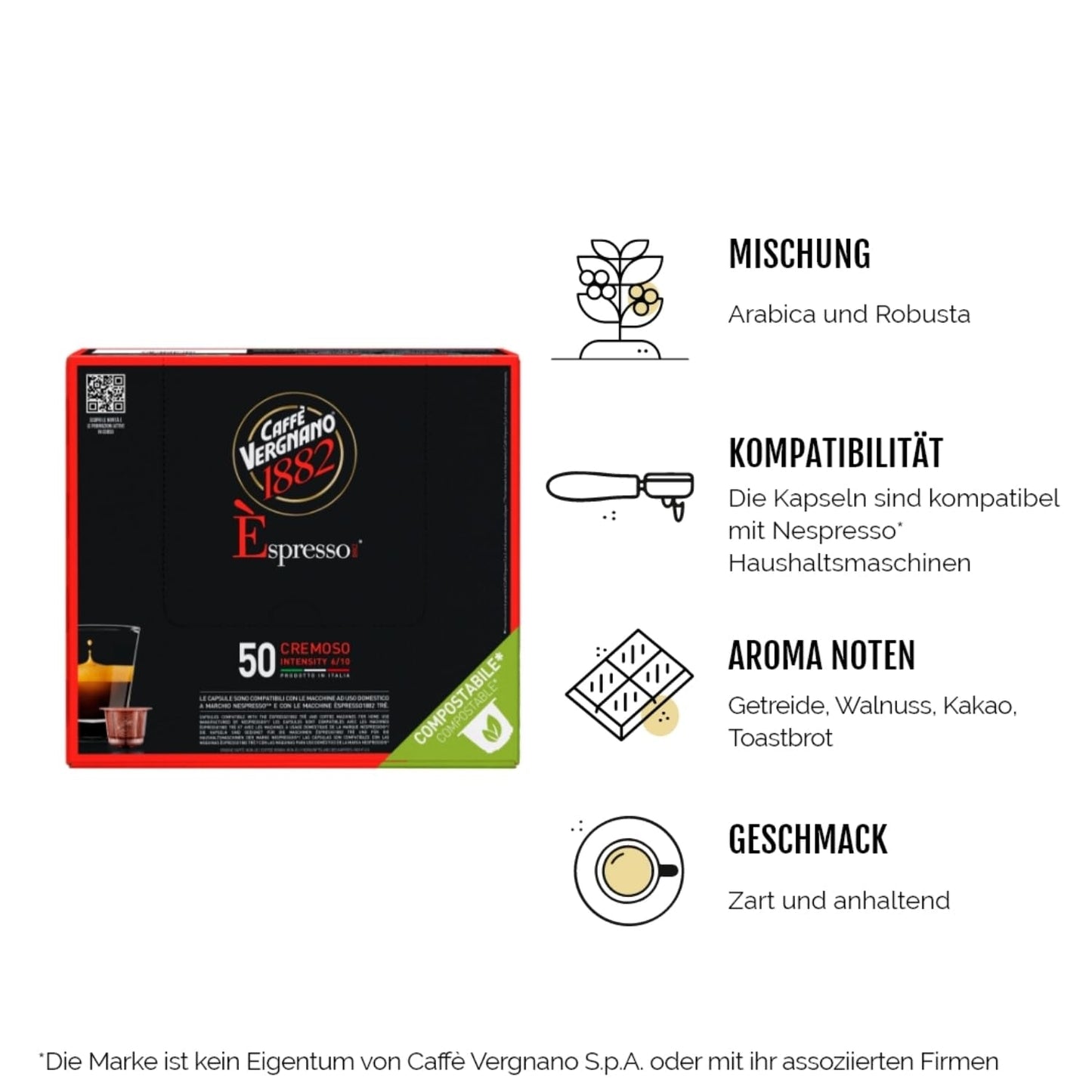 Caffè Vergnano 1882 – Èspresso kompostierbare Kaffeekapseln, kompatibel mit Nespresso, Cremoso (cremig) – Packung enthält 50 Kapseln