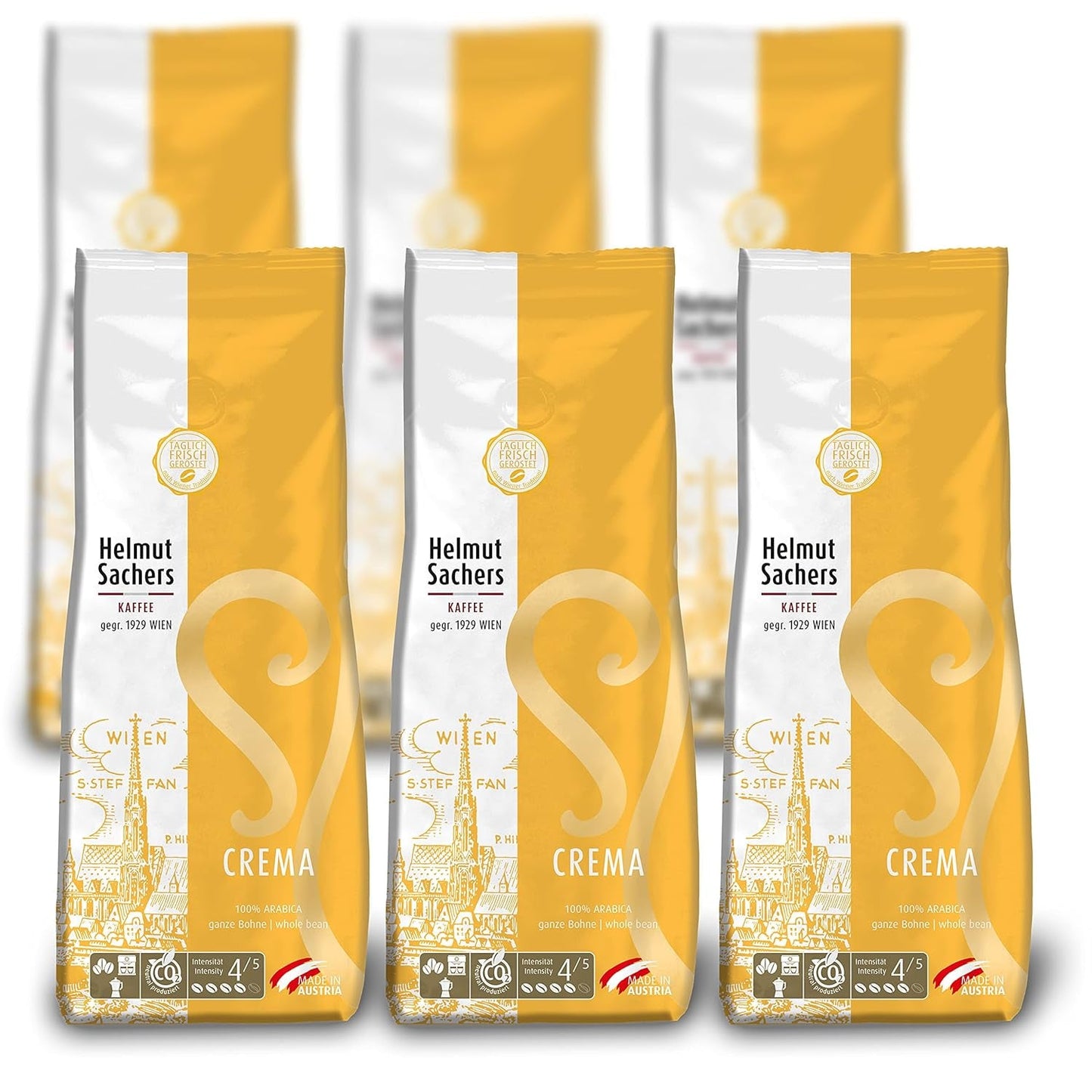Helmut Sachers Kaffee - Creme, Stärke 4/5, 100 % Arabica, ganze Kaffeebohnen, 6 x 500 g
