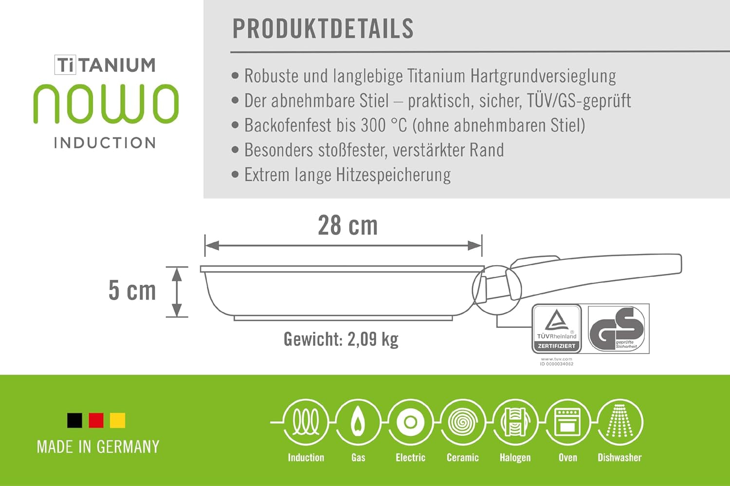 Woll Nowo Titan-Flachpfanne – Induktion, 5 cm Höhe, abnehmbarer Griff – für alle Herdarten, Aluminiumguss, Antihaftbeschichtung. Töpfe und Pfannen Naty Shop