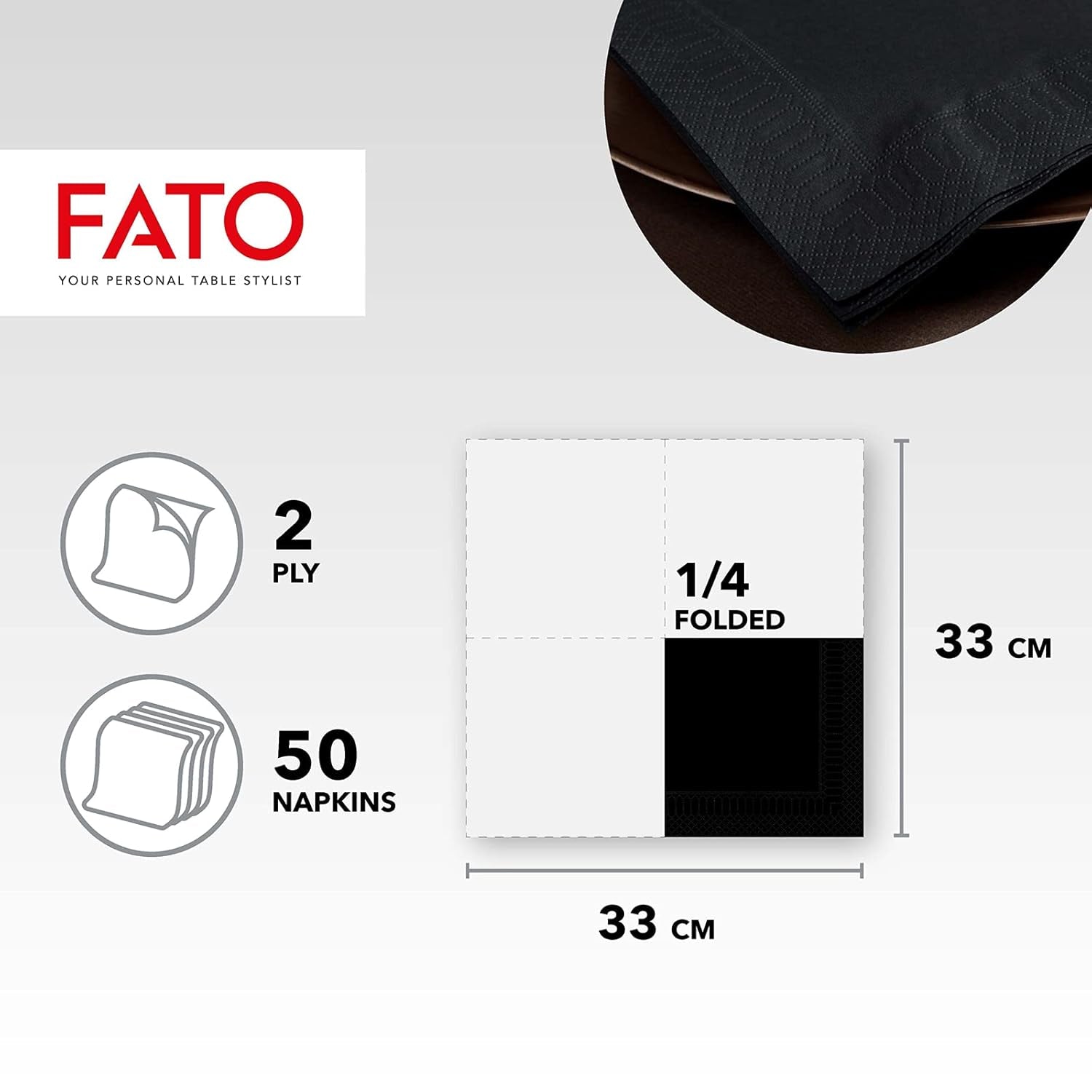 , Einweg-Papierservietten, ideal für zwanglose Mittagessen und Buffets, Packung mit 50 Servietten, Größe 33 x 33, 4-lagig, 2-lagig, schwarz, FSC-zertifiziert (2er-Pack)