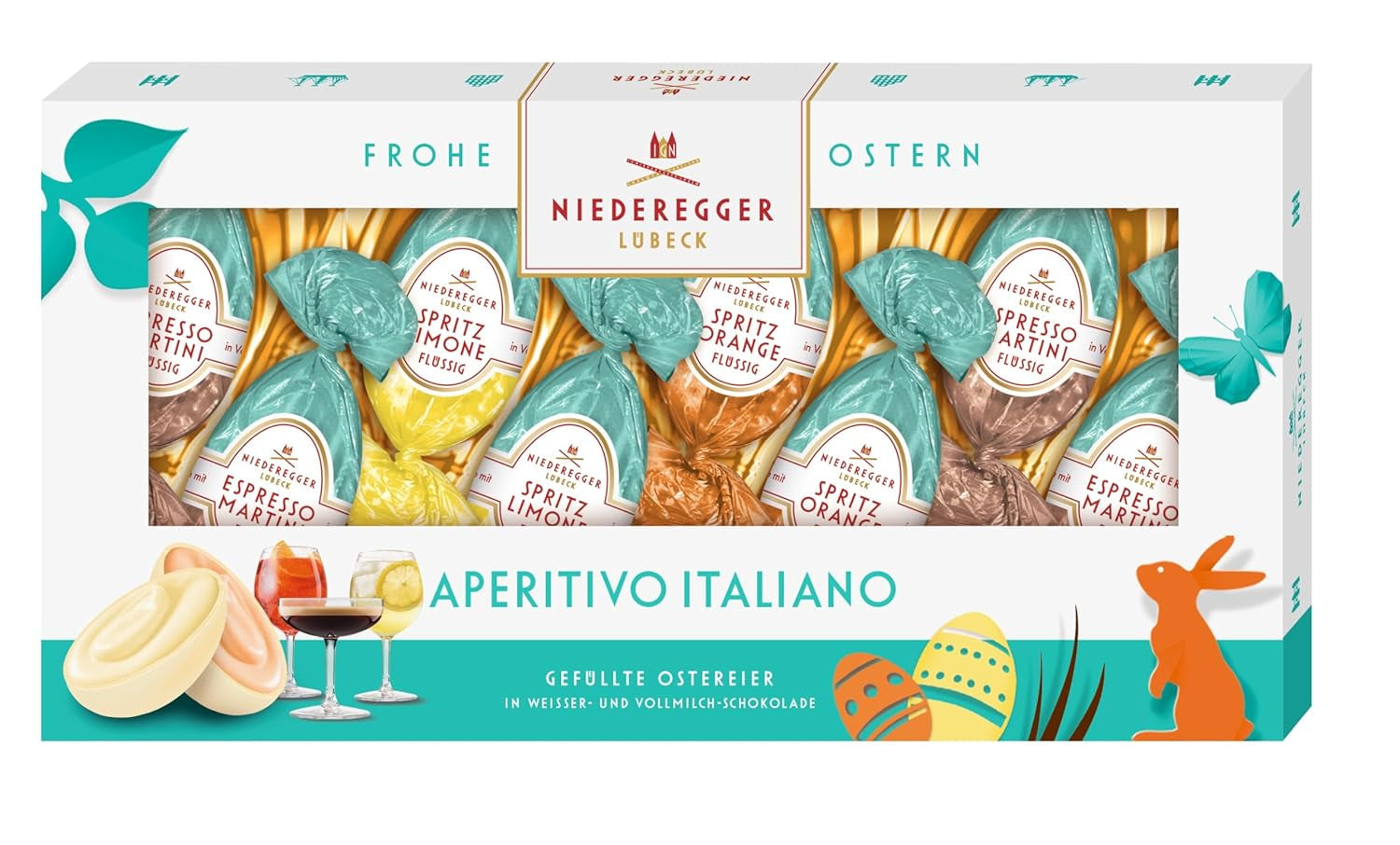 Niederegger | Pralineneier | Italienische Vorspeise | 1 x 100g | Gefüllte Eier in den Geschmacksrichtungen Lemon Spritz, Orange Spritz und Espresso Martini | Überzogen mit Milch- und weißer Schokolade | Ostergeschenk