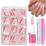 Künstliche Nägel-Set – 240-teilig, zum Aufkleben, französische Kunstnägel – rosa-weißes Farbverlaufsdesign, künstliche Nägel, vollständige Abdeckung, weiches Gel, natürlich und angenehm zu tragen (Rosa Mandel)