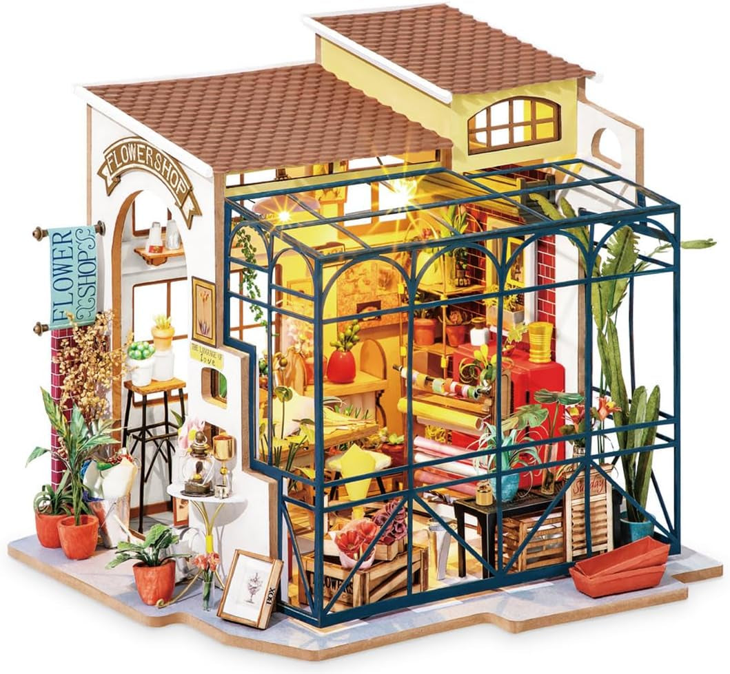 Robotime DG145 Rolife Emily's Flower Shop Miniatur-Puppenhaus aus Holz, Metall, Stoff und Pappe, Maße: 22 x 15 x 17 cm, Puppenhäuser Naty Shop Standardtitel