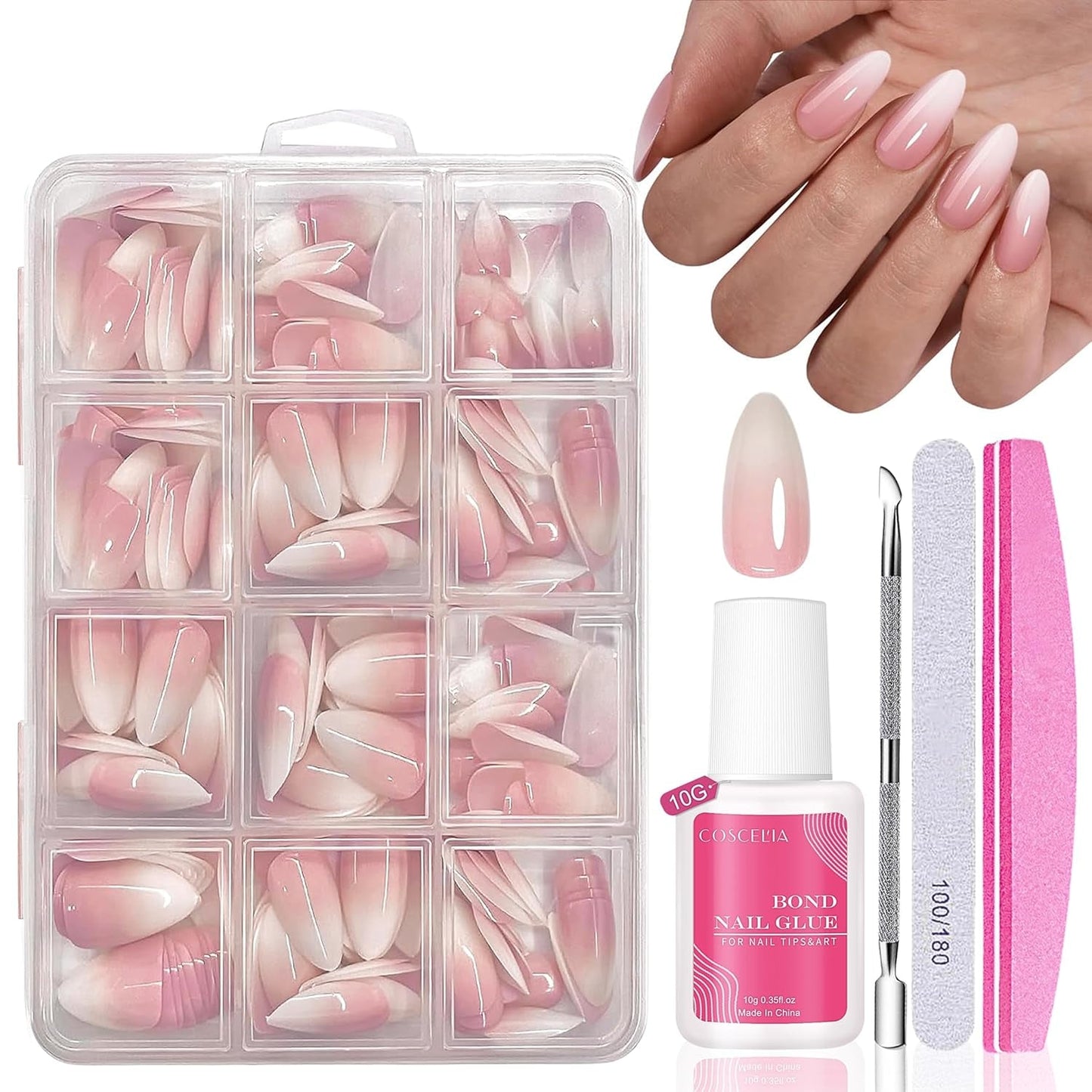 Künstliche Nägel-Set – 240-teilig, zum Aufkleben, französische Kunstnägel – rosa-weißes Farbverlaufsdesign, künstliche Nägel, vollständige Abdeckung, weiches Gel, natürlich und angenehm zu tragen (Rosa Mandel)