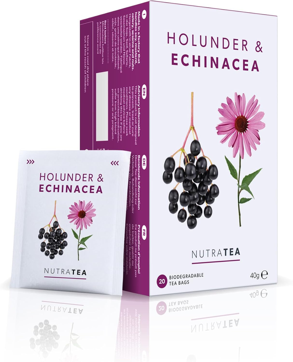 Nutra Tea Holunder & Echinacea, Immunitäts- und Erkältungstee, Tee zur Immununterstützung, Erkältungsbekämpfung, 20 wiederverwendbare Teebeutel, natürlicher Kräutertee