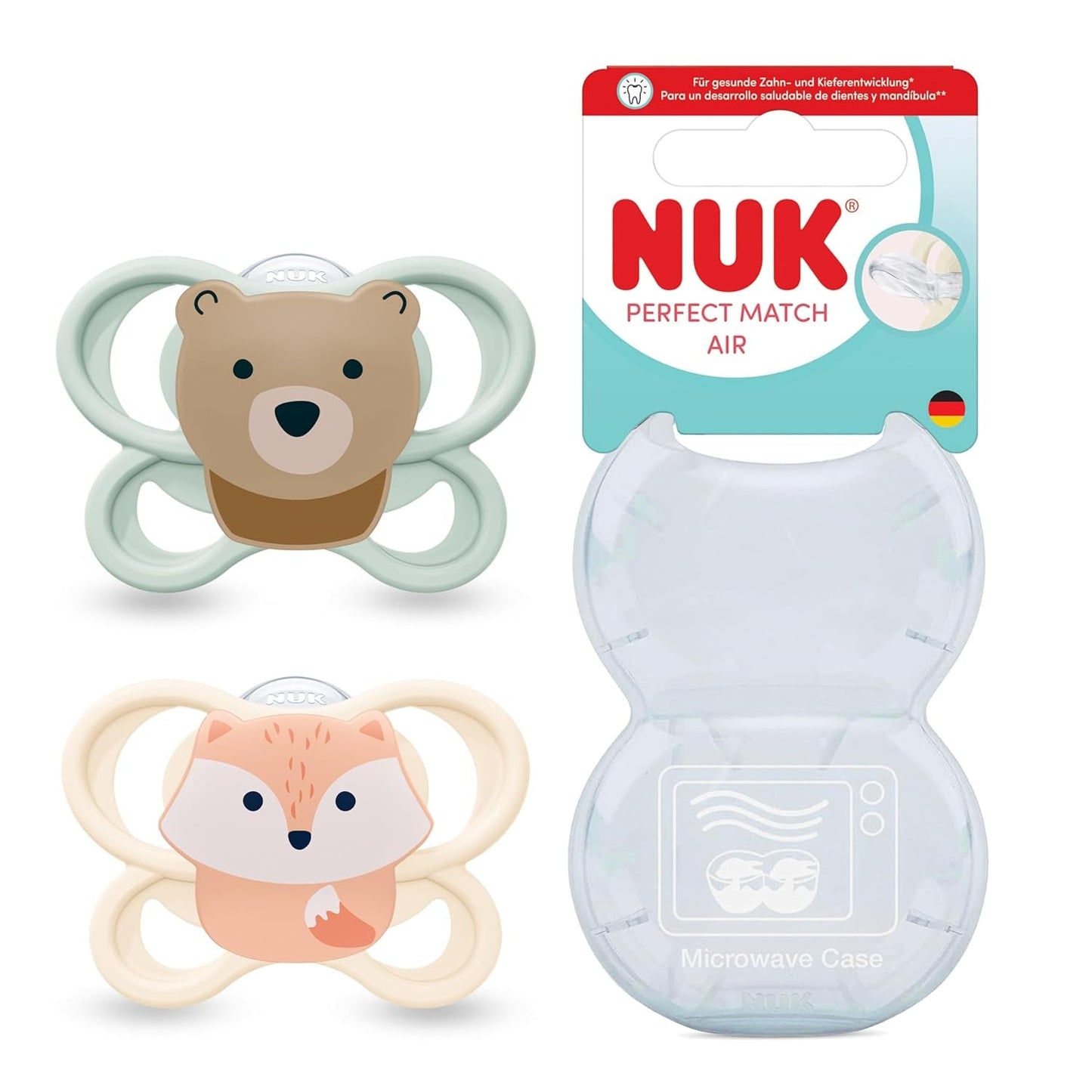 NUK Perfect Match Luftschnuller für Babys | 0-6 Monate | Kieferorthopädische Schnuller, die die Luftzirkulation fördern und das Sabbern verhindern | 95 % Akzeptanz bei Babys** | Fuchs/Teddybär | 2 Stück