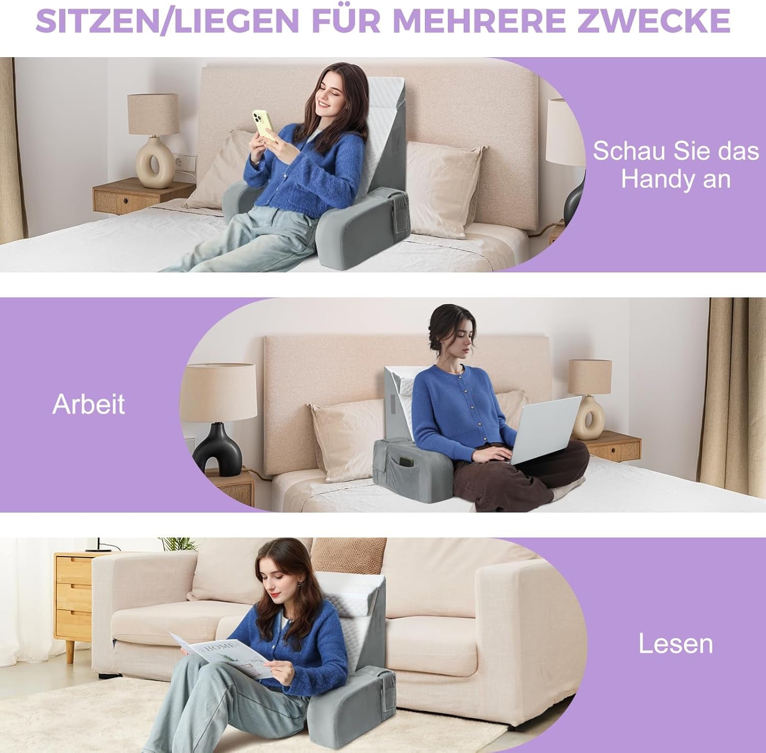 Großes Lesekissen mit Griffstange, hochdichtem Schaumstoff, ergonomischem Rückenkissen, Armlehnen, Nackenstütze und Kopfstütze, Liegesitzkissen zum Schlafen, Spielen, Fernsehen, für Bett und Sofa