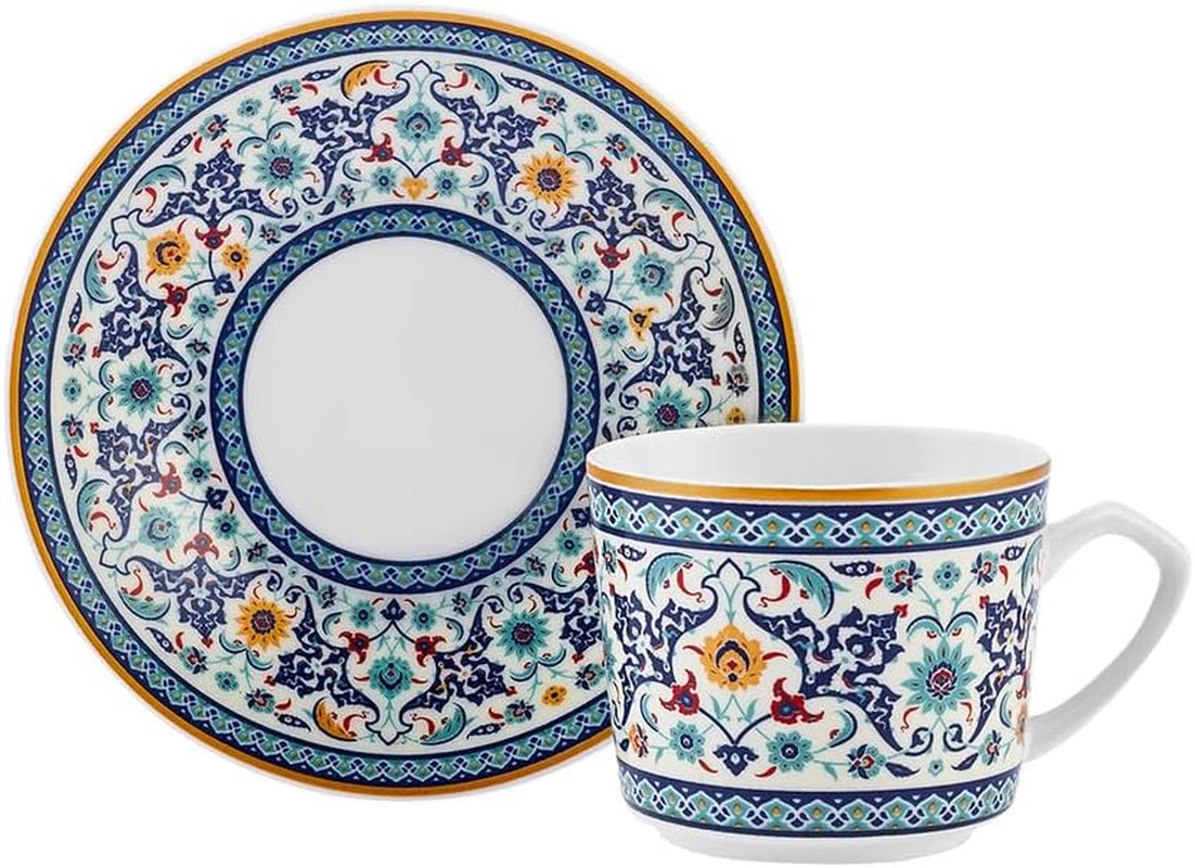 KARACA Beylerbeyi – 12-teiliges türkisches Kaffeetassen-Set, Espressotassen-Set aus Porzellan, 6 Stück mit Untertassen, 80 ml Espressotassen-Set, traditionelles Design – Blau