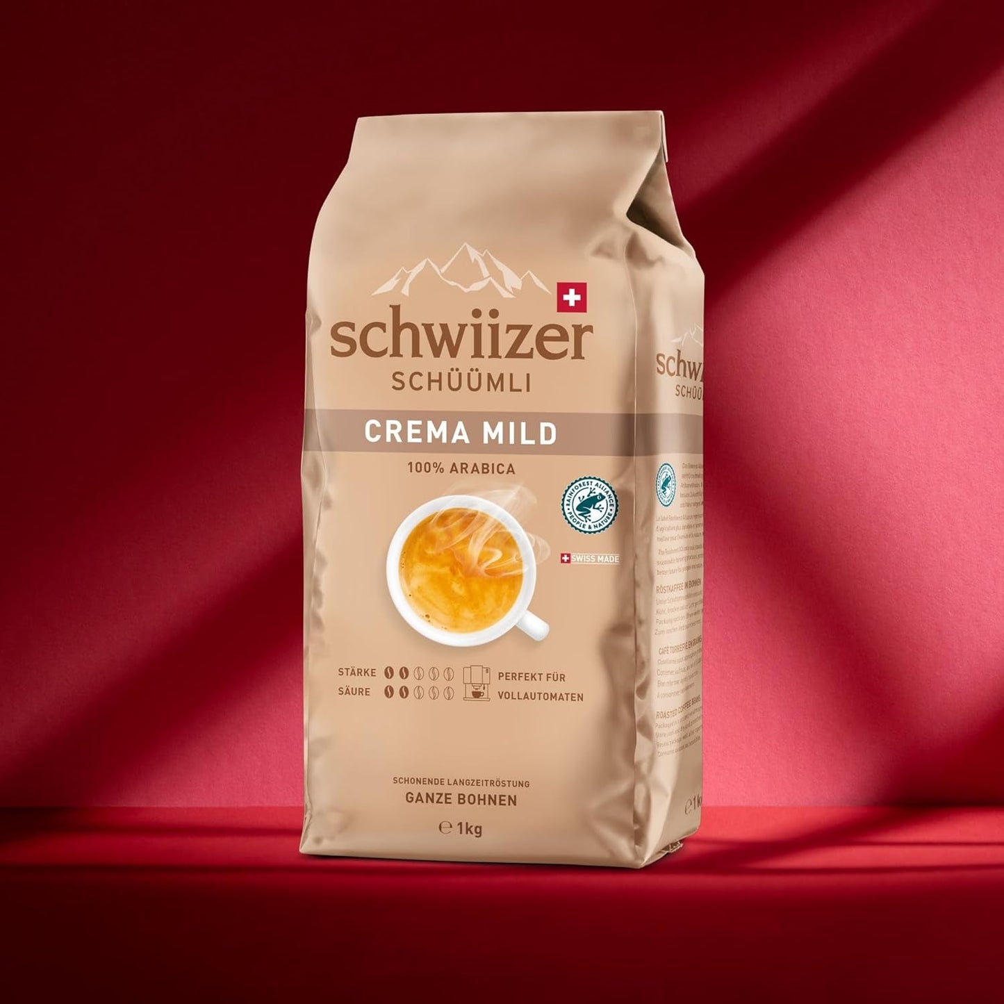 Schwiizer Schüümli Crema Mild, 100 % Premium-Arabica-Kaffeebohnen, fruchtig und nussig, für Kaffeevollautomaten, Stärke 2/5, leichte Röstung, Rainforest Alliance-zertifiziert, 1 kg (2er-Pack)