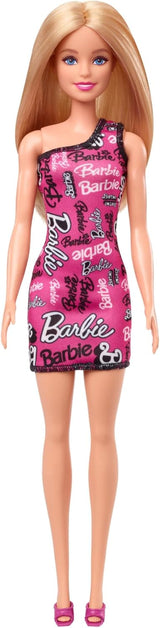 Modische Barbie-Puppe mit glattem blonden Haar in einem rosa abnehmbaren One-Shoulder-Kleid und Schuhen mit aufgedrucktem Logo, HRH07