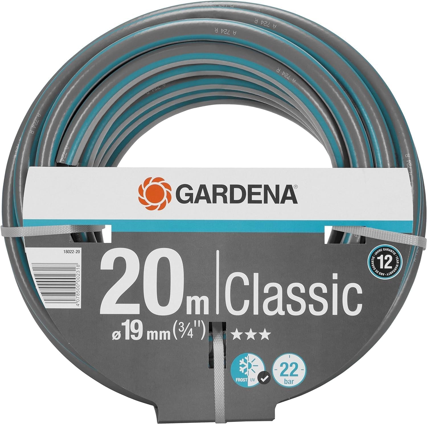 Gardena Classic Schlauch 19 mm (3/4 Zoll), 20 m: Universeller Gartenschlauch aus robustem Gewebe, kreuzgewebt, 22 bar Berstdruck, UV-beständig, keine Systemkomponenten, 12 Jahre Garantie (18022-20)