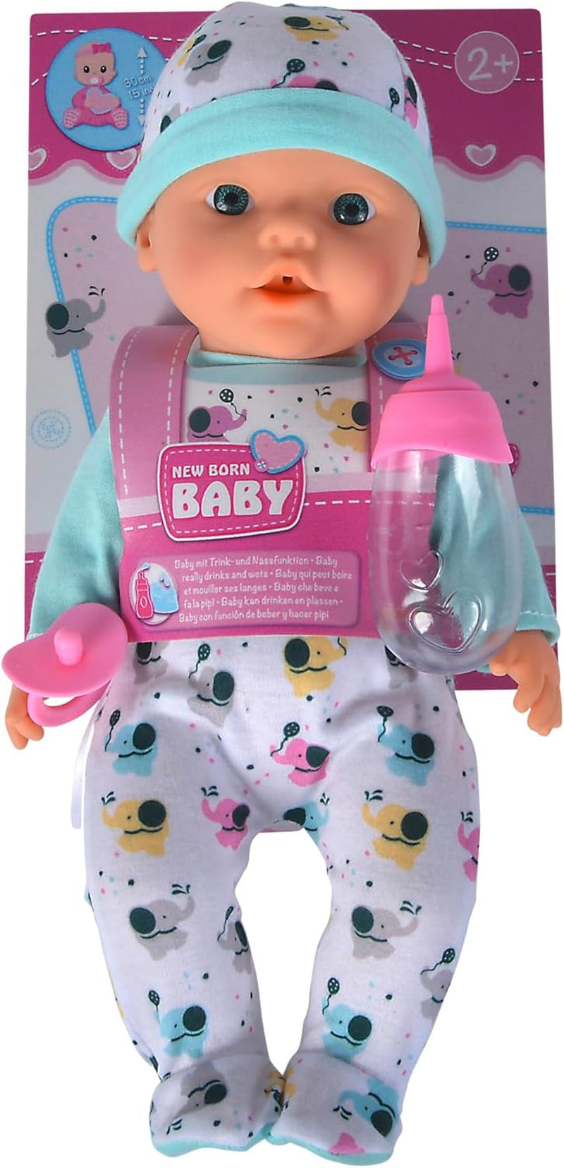 Neugeborenes Baby, kleiner Elefant, Vinylpuppe mit Fütterungs- und Trinkfunktion, Flasche und Schnuller, 30 cm, 2 Jahre alte Puppen Naty Shop