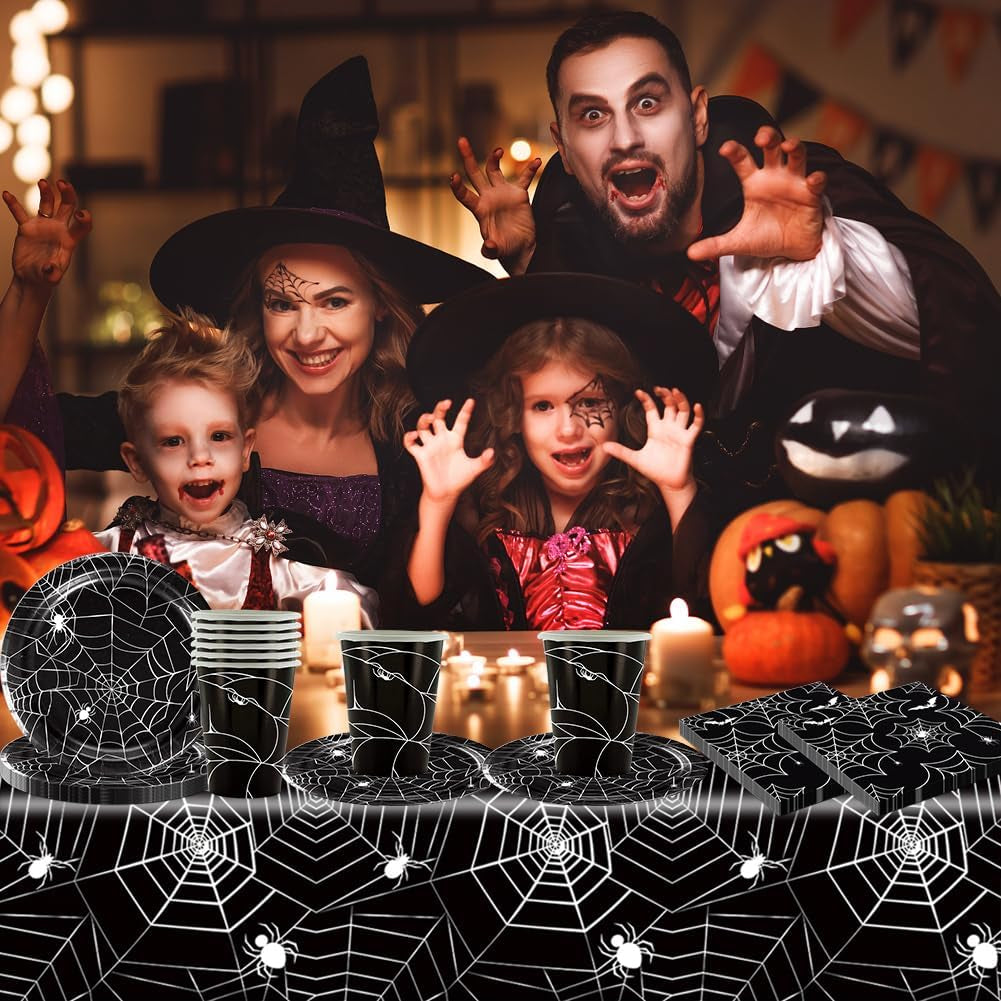 49-teiliges Halloween-Spinnen-Papierbesteckset mit Tellern, Servietten, Gläsern und Tischdecke. Schwarzes Geschirrset mit Desserttellern, Servietten und Gläsern.