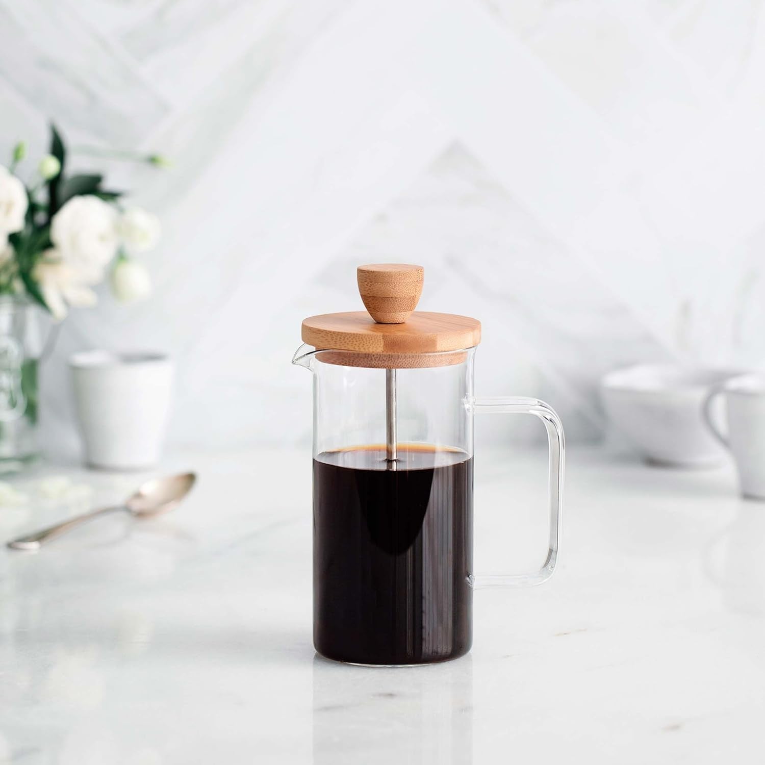 - Französische Kaffeemaschine, Kaffeepresse, Kolbenkaffeemaschine, französische Filterkaffeekanne, 3 Tassen, 0,35 l, Stahl und Holz