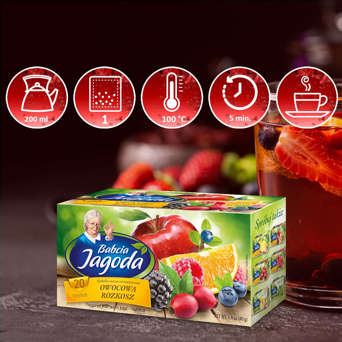 Babcia Jagoda – Früchtetee „Fruchtige Verführung“ – 20 Teebeutel – Mit Hibiskus, Apfel, Apfelbeere, Brombeere, Hagebutte, Orangenschale – Intensiver Fruchtgeschmack, koffeinfrei, vegan, natürlich, Cay – 40G