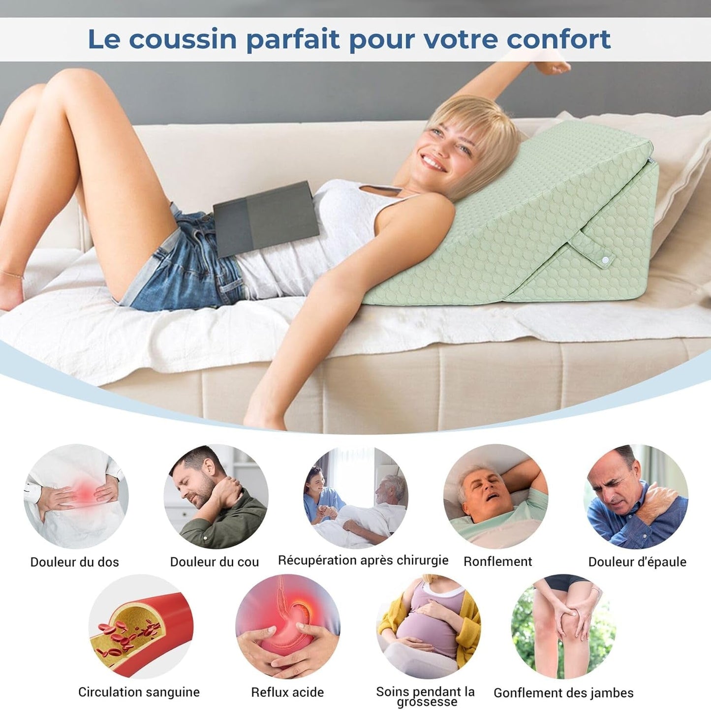 INFANZIA Keilkissen für Bett, Eckkissen, Dreieckskissen, faltbar, Memory-Schaum, Schlafapnoe, saurer Reflux, Beinhochlagerung, Lesen, grün
