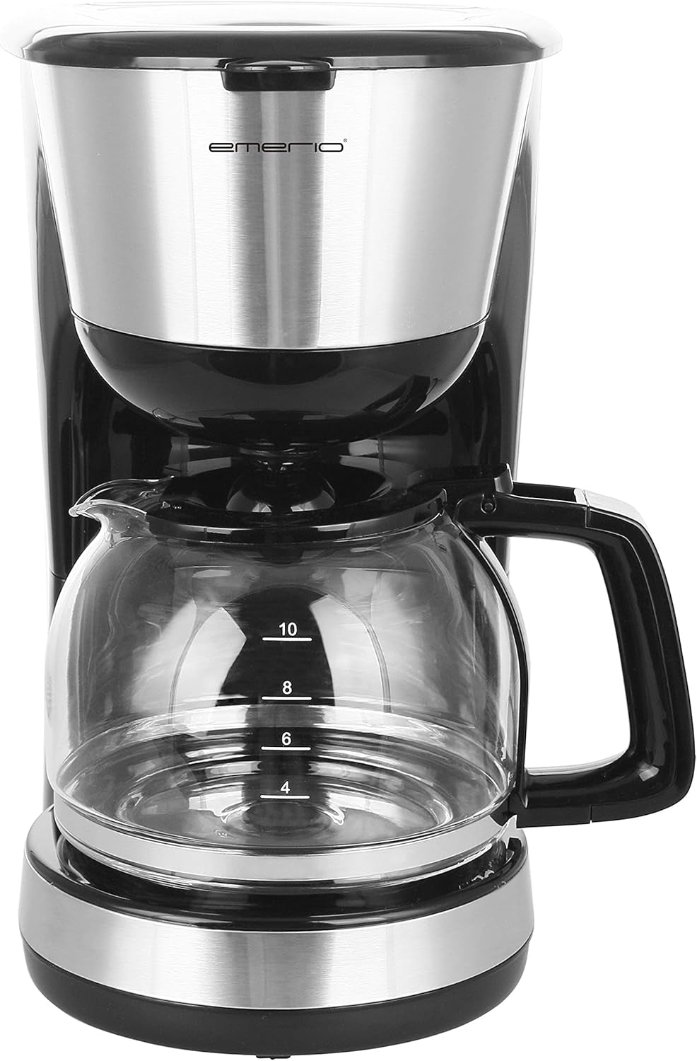 Emerio CME-122933, Filterkaffeemaschine, 1,25 l für bis zu 10 Tassen frischen Kaffee, permanent herausnehmbarer Filter, Anti-Tropf-Funktion, Glaskaraffe, automatische Abschaltung, 1000 Watt, schwarz/silber