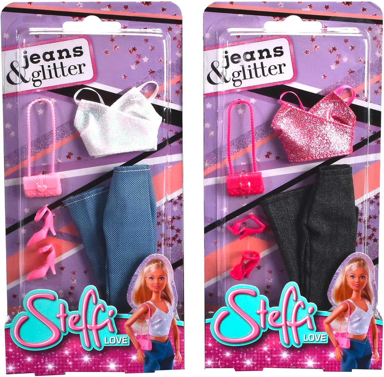 Simba Steffi Love Jeans und Glitzer, passend auf 2 Arten, EIN Artikel enthalten, Glitzer-Oberteil mit Jeans und Modeaccessoires für 29-cm-Puppen, Puppe nicht im Lieferumfang enthalten, ab 3 Jahren