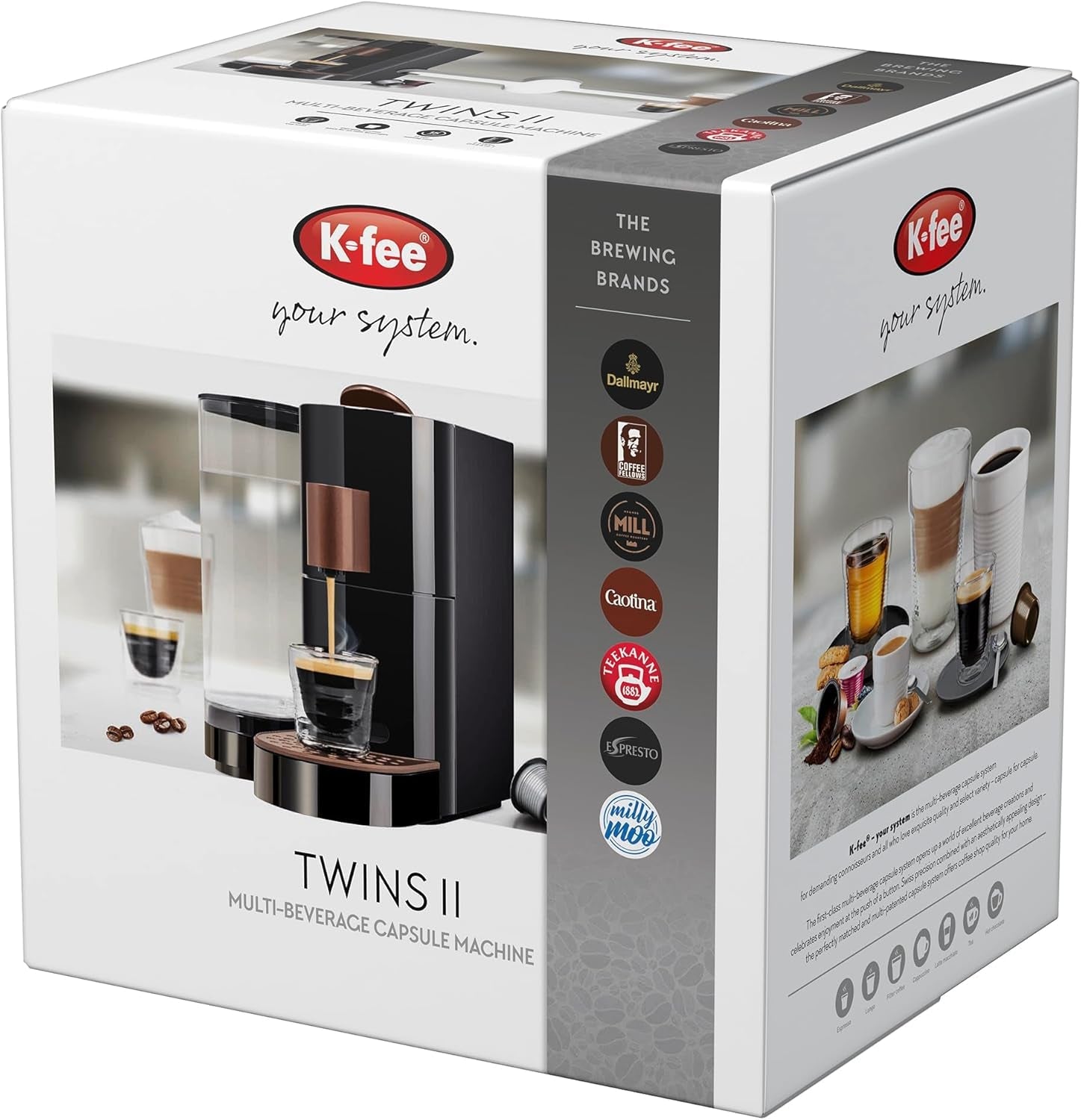 K-FEE TWINS II Kapsel-Espressomaschine für Kaffee, Tee und Kakao | Espressomaschine für große Tassen | Schnelles Aufheizen | 2,3 l Wassertank | 19 Takte | Schwarz-Kupfer
