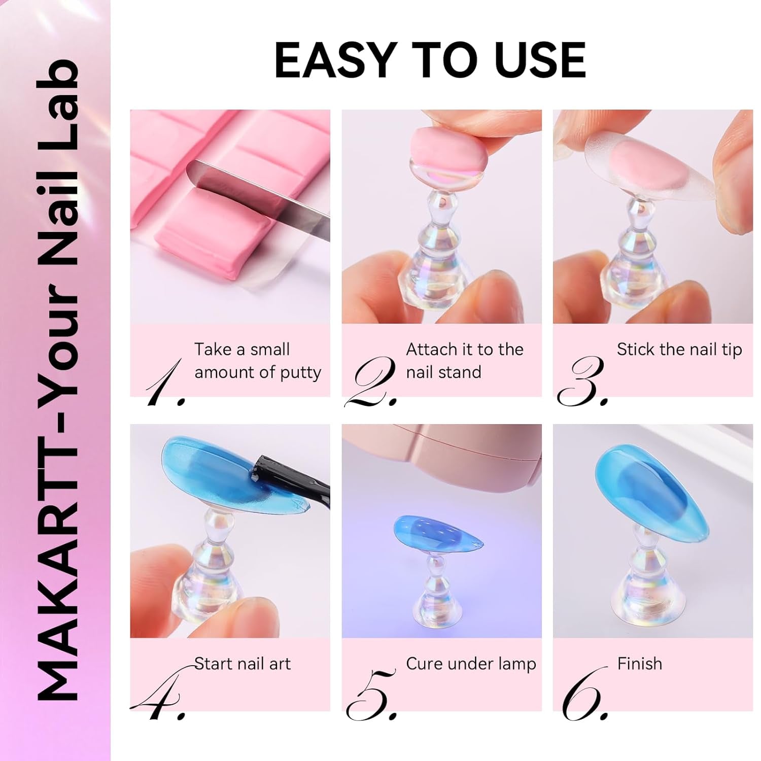 Makartt Acryl-Nagelhalter, magnetischer Nagelhalter, Nagelhalter, transparenter rosa Nagelhalter mit 48 Stück Klebemasse