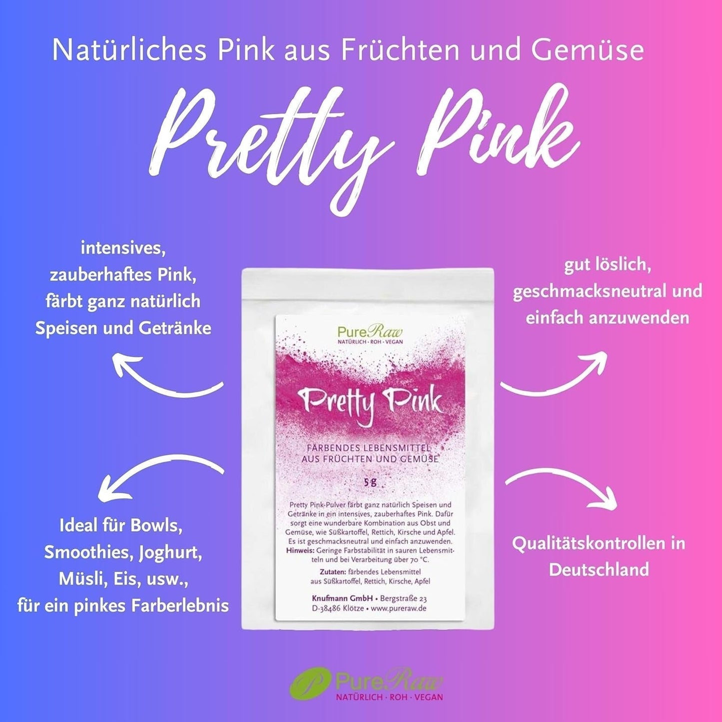 Pretty Pink Natürliche Lebensmittelfarbe Pulver Rosa (Roh Vegan) Pastel Rose Bis Intensiv Rosa-Rot - Essbare Farbe Für Lebensmittel Aus Früchte Und Gemüse - Natürliche Lebensmittelfarbe | Pureraw 5G Naty Shop