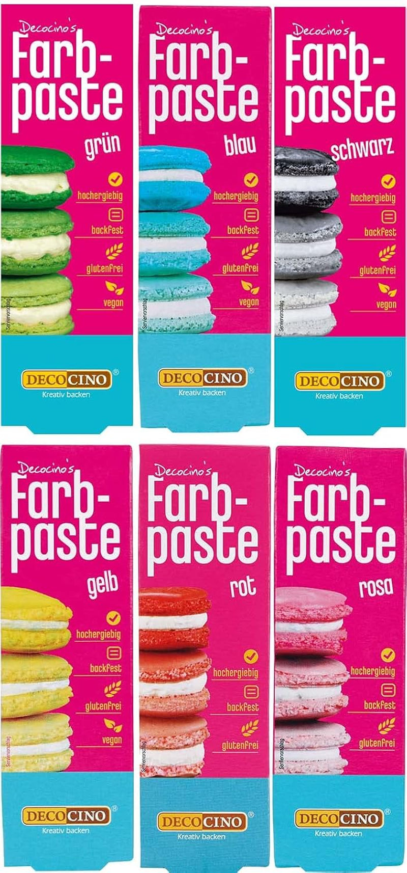 6er Set Decocino Farbpasten – 6 x 20 g – Lebensmittelfarbe in Rot, Rosa, Grün, Gelb, Blau und Schwarz, ideal zum Einfärben von Kuchen, Fondant und Cremes – Azofrei und glutenfrei