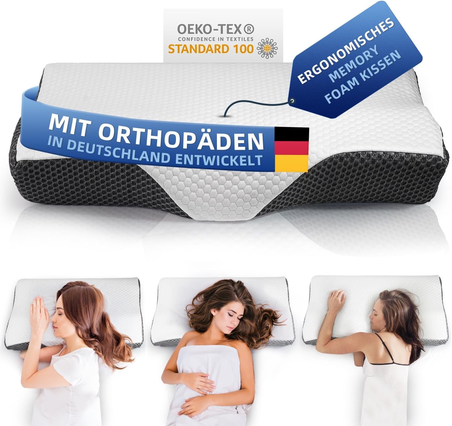 IDEA Kissen, ergonomisches orthopädisches Kissen gegen Nackenschmerzen, Memory-Schaum-Kissen für Seiten-, Rücken- und Bauchschläfer, Anti-Schnarch-Kissen für Männer und Frauen (62 x 34,5 x 12/8 cm). Orthopädische Nackenkissen von Naty Shop