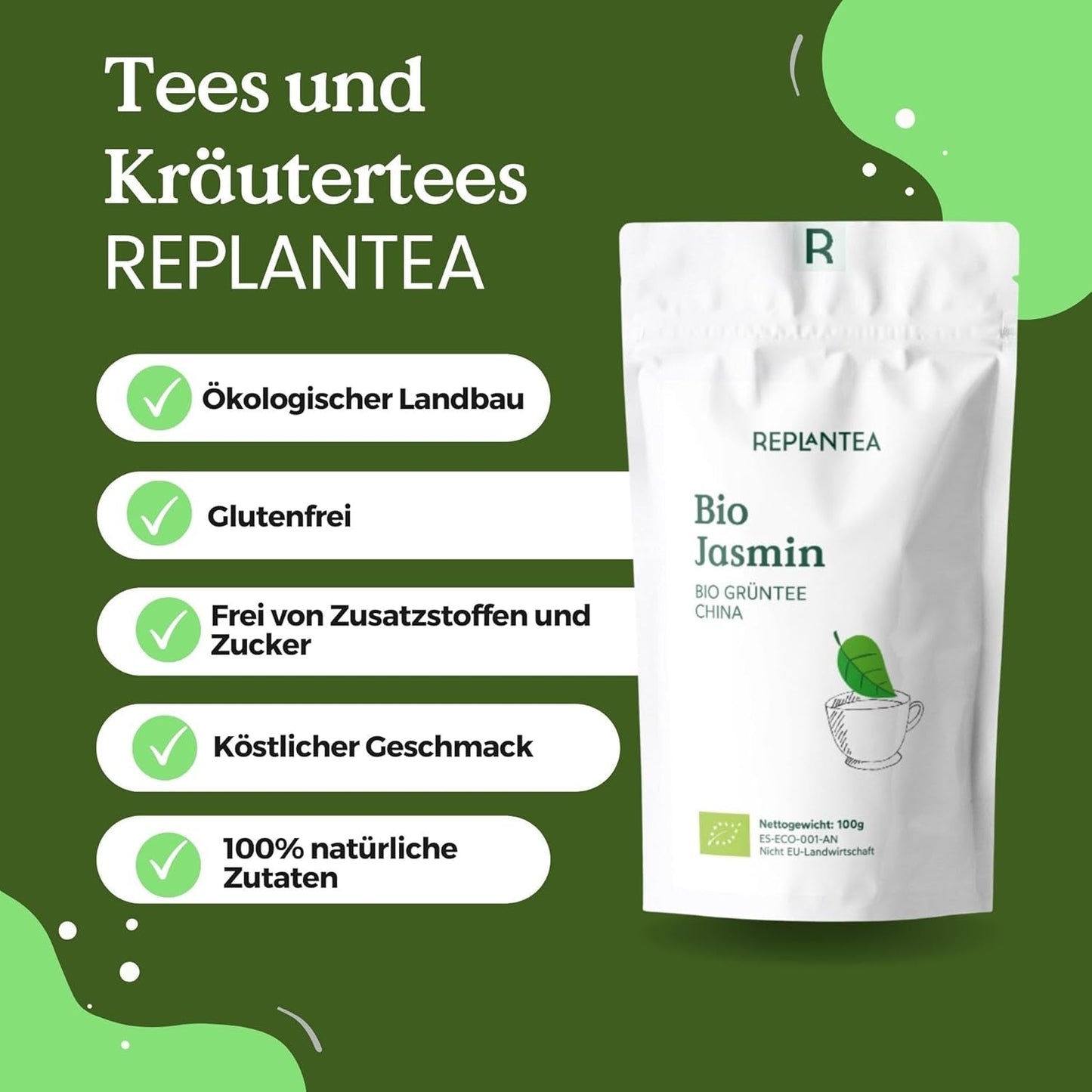 Bio-Grüntee mit Jasmin 100 g (50 Tassen) | Jasmintee aus China in Großpackung, Bio-Qualität REPLANTEA