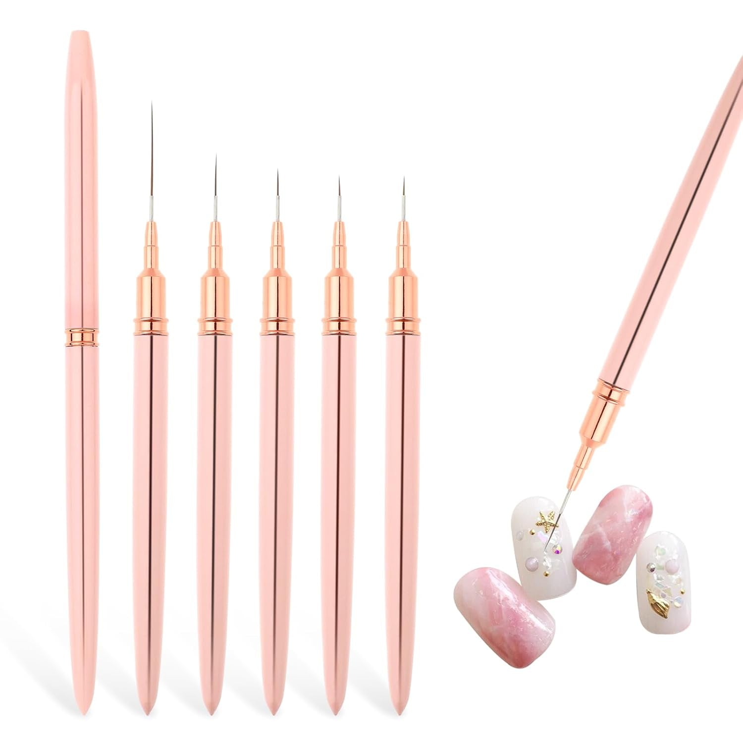 Nail Art Liner-Brush 5-Teiliges Gel-Nagellack-Malerei-Nagel-Punkt-Zeichnungs-Werkzeug Für Lange Linien Kunst-Design-Stift-Set Metallgriff Nail-Art-Design-Binsel Für Frauen