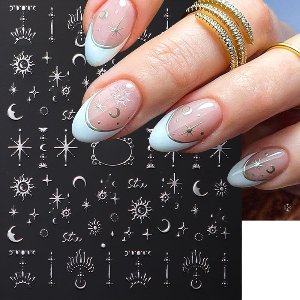 3D-Nagelaufkleber, silberfarben, metallisch, Nagelaufkleber für Frauen, Stern, Mond, Sonne, Nagelfolie, selbstklebende Aufkleber, Schmetterlings-Nagelaufkleber, Nagelaufkleber, Nageldesign-Zubehör, 8 Stück