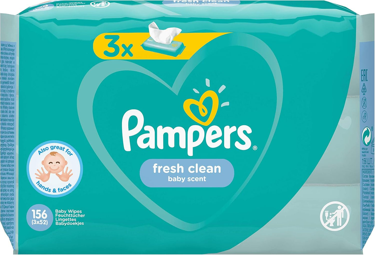 Pampers Fresh Clean Babyfeuchttücher 81688041, 3x52 Stück, (Babyfeuchttücher, Plastiktüte, Mädchen/Junge, Türkis, Weiß, Deutschland, 896,7g)