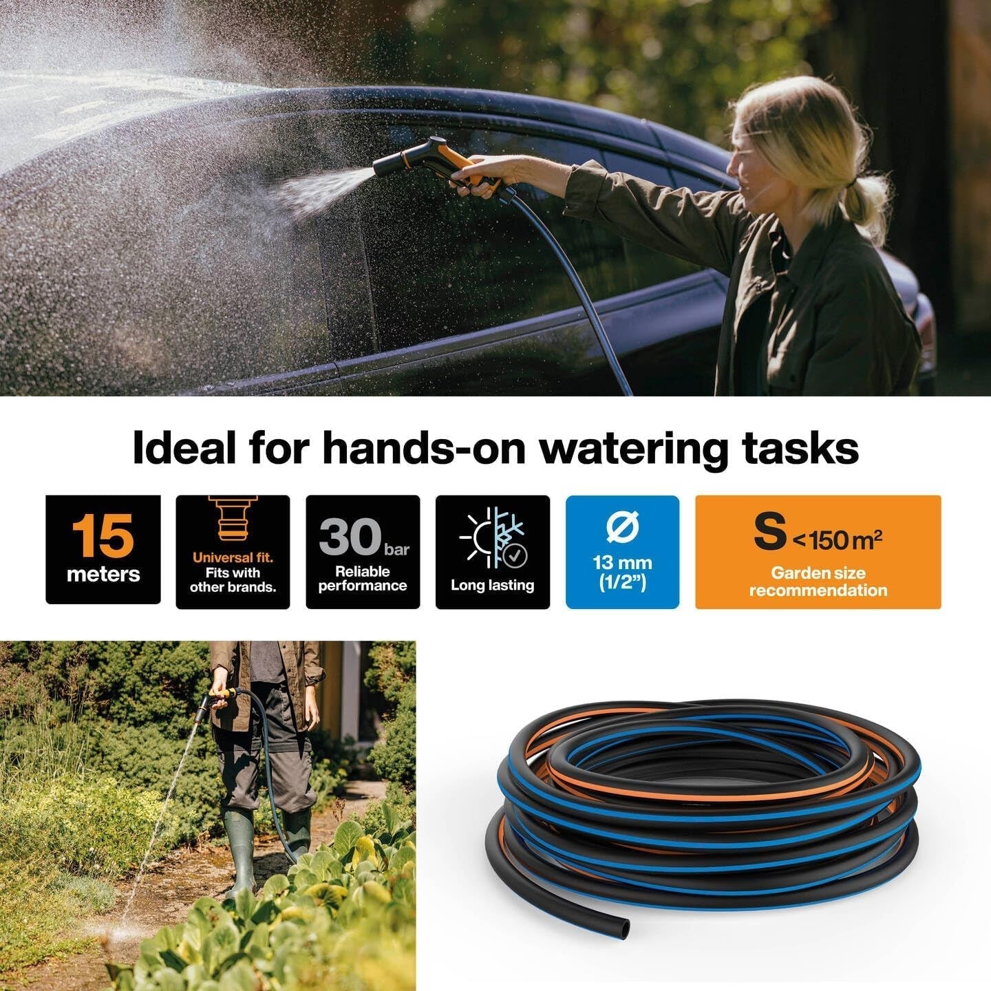 Fiskars S Gartenschlauch, Solid, Wasserschlauch für manuelle Bewässerung, 13 mm (1/2"), Länge: 15 m, Universalanschluss, UV-Schutz, Frostschutz, verdrehsicher, Blau, 1076049