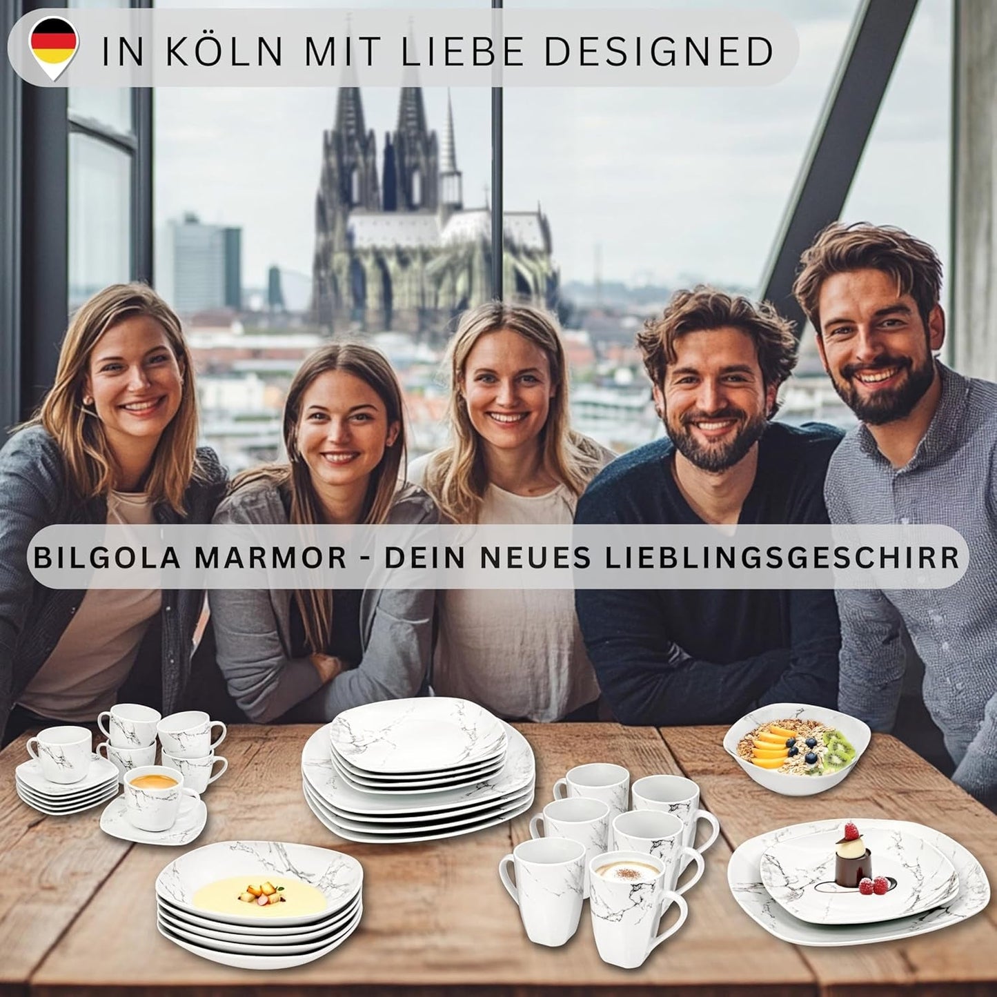 SANGER | Bilgola Marmor-Geschirr-Set, 36-teilig, für 6 Personen, mit Speisetellern, Desserttellern, Suma-Tellern, Müslischalen, Kaffeetellern und Porzellan-Untertassen, quadratisch | DIE PREMIUM-KOLLEKTION