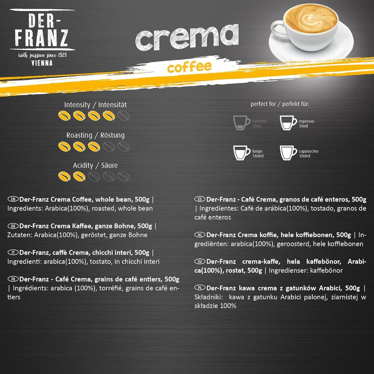 DER-FRANZ Kaffee Crema, Intensität 4/5, 100 % Arabica, ganze Kaffeebohnen, 3 x 500 g