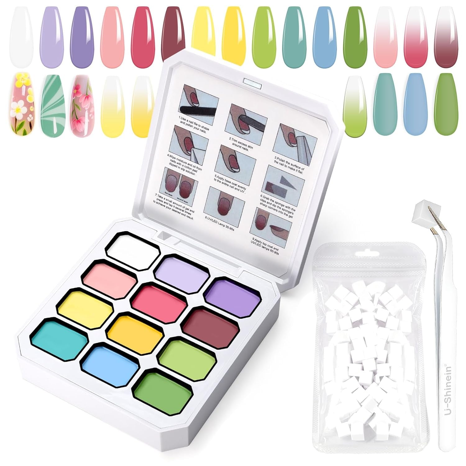 Farbverlaufs-Malgel, 12 Farben, Ombre-Gel-Nagellack mit 100 Nagelschwämmen und 4 Krallen, Metallgreifer für French-Maniküre, DIY-Nagelkunst, Set I