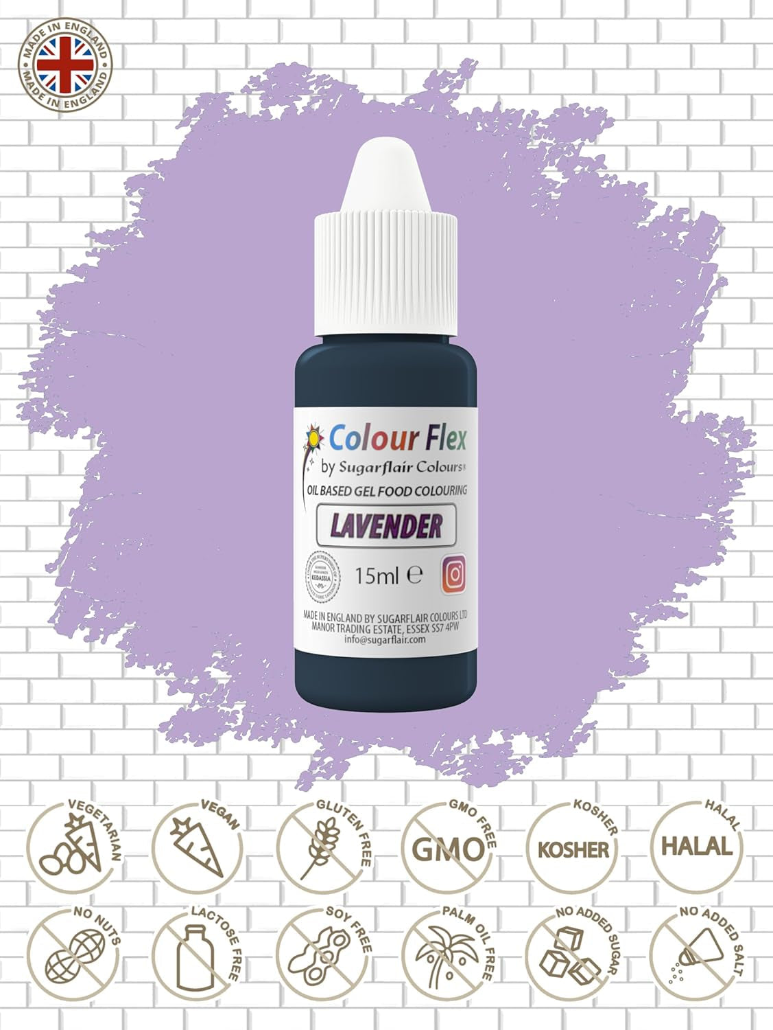 Sugarflair Colourflex Lebensmittelfarbe auf Ölbasis Lavendel, hochkonzentrierte flüssige Lebensmittelfarbe für Buttercreme, Schokolade, Teig, Fondant, Zuckerguss und mehr – 15 ml