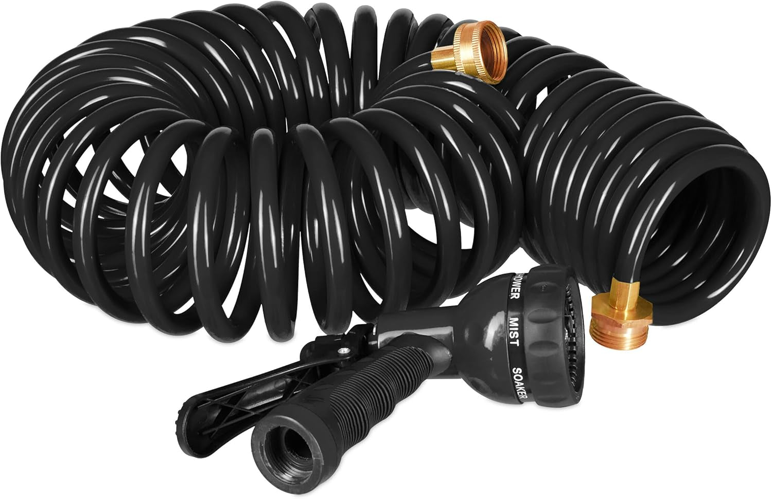 Relaxdays Spiralschlauch, ausziehbar bis 10 m, flexibler Gartenschlauch mit Wassersprüher, 7 Sprühmuster, schwarz
