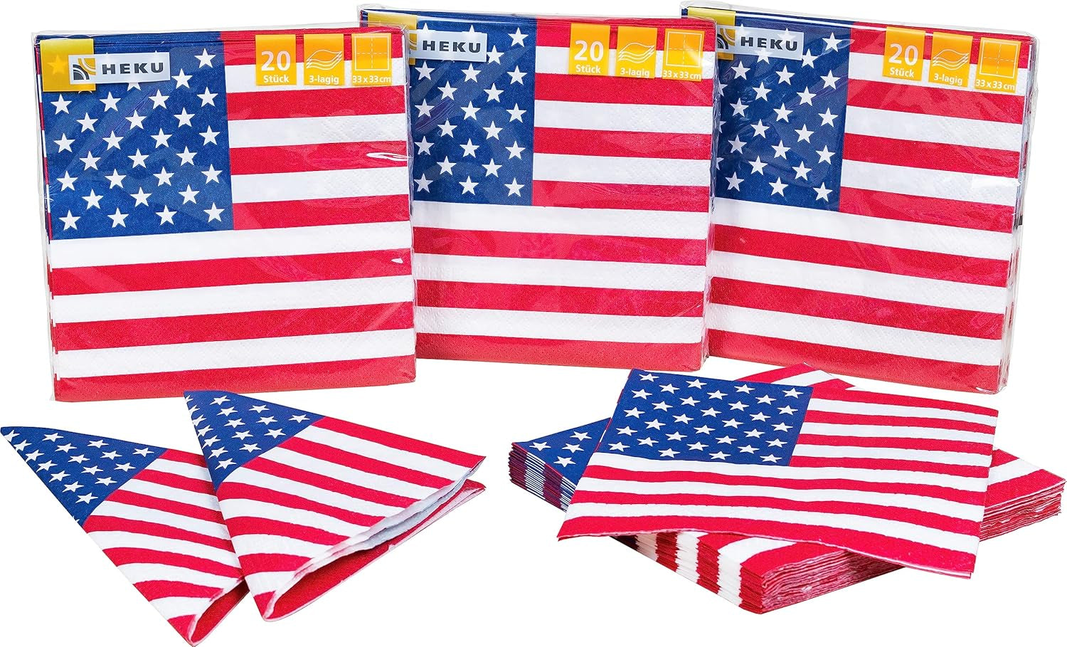 HEKU 191-tlg. USA-Party-Set I Pappteller Ø23 cm, rote Becher, 3-lagige Servietten 33 x 33 cm, Deko-Picker, Wimpelkette 10 m I perfekt für Mottopartys und Nationalfeiertage