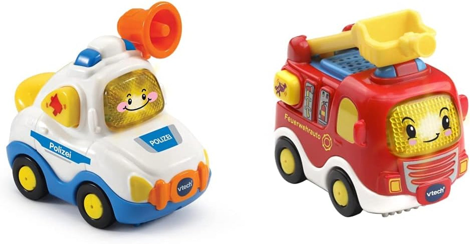 Vtech TUT TUT Baby Flitzer – Polizei – Für 1–5 Jahre & TUT TUT Baby Flitzer – Feuerwehrauto – Spielzeugauto mit Musik, Lichtknopf, interessanten Sätzen und Geräuschen – Für 1–5 Jahre Bebe Toys Naty Shop Baby Flitzer Feuerwehrauto-Paket
