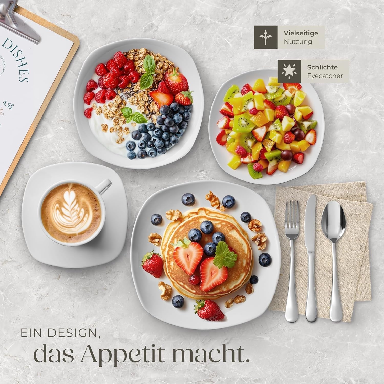 tectake® 12-Personen-Geschirrset, 100-teiliges Porzellan-Geschirrset, bestehend aus 12 Tellern, 12 Desserttellern, 12 Speisetellern, 12 Tassen, 12 Müslischalen, Salatschüssel, Milchkännchen, Zuckerdose