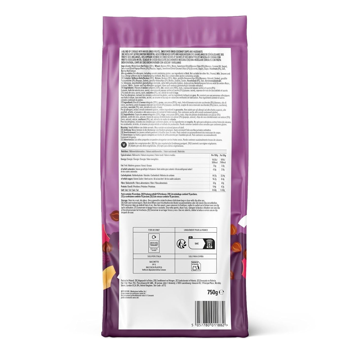 Müsli mit Früchten und Nüssen von Amazon, 750g