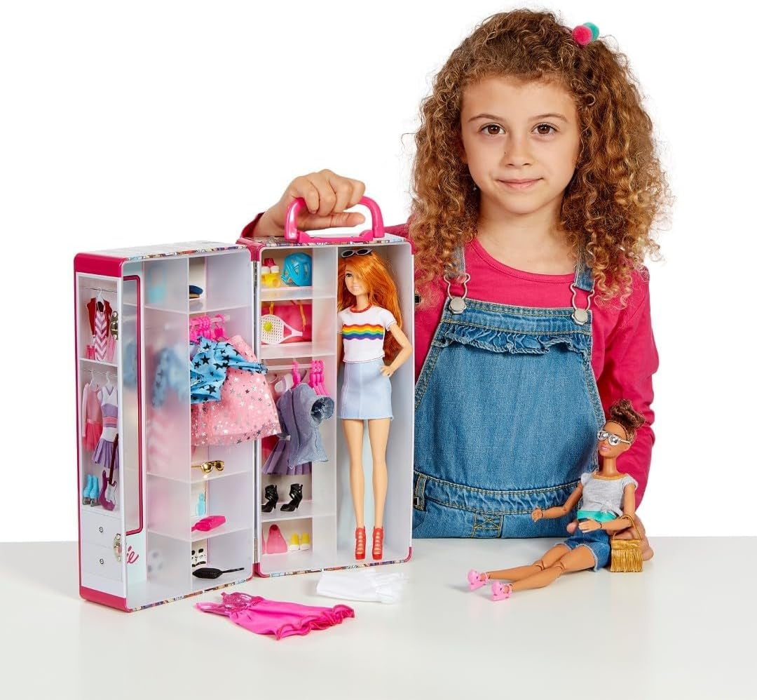 Theo Klein 5801 Barbie-Kleiderschrank mit Kleiderstangen und Fächern, Spielzeug für Kinder ab 3 Jahren, inklusive Zubehör, mehrfarbig